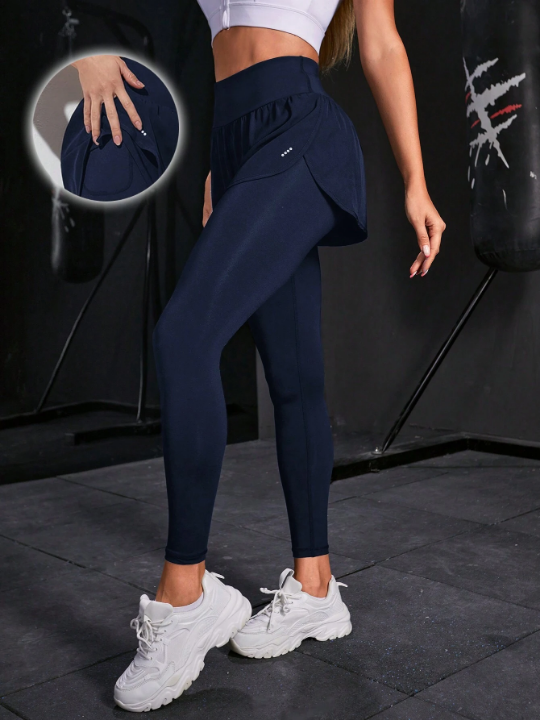 Yoga Basic Faux Two-piece Pocket Design Sports Leggings With Phone Pocket