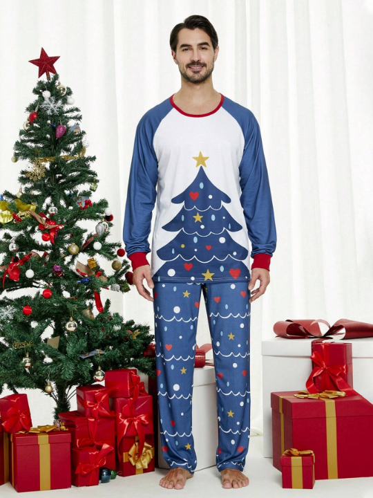 2 Piece Men's Christmas Home Matching Pajamas Fun Christmas Tree Long Sleeve Long Pants Holiday Comfortable Lounge Wear Set