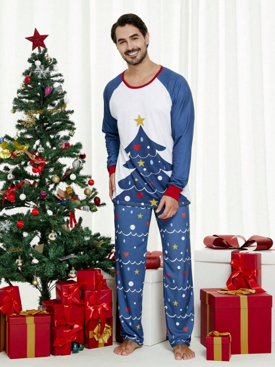 2 Piece Men's Christmas Home Matching Pajamas Fun Christmas Tree Long Sleeve Long Pants Holiday Comfortable Lounge Wear Set