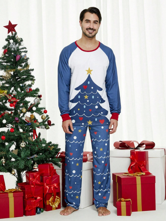 2 Piece Men's Christmas Home Matching Pajamas Fun Christmas Tree Long Sleeve Long Pants Holiday Comfortable Lounge Wear Set