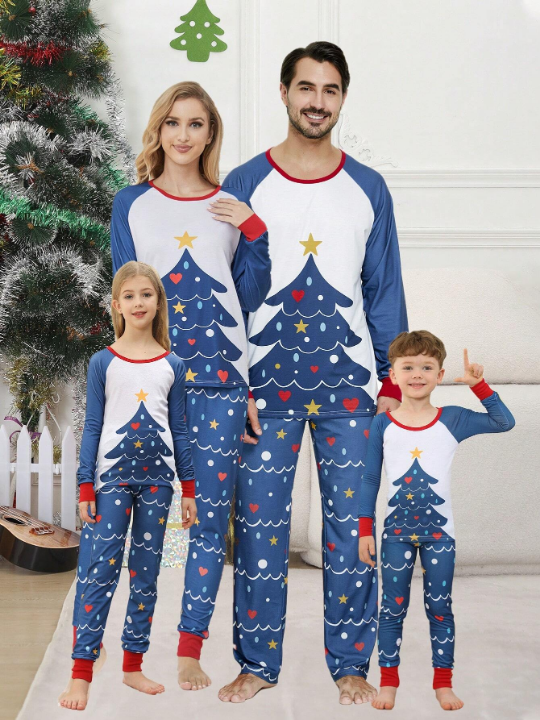 2 Piece Men's Christmas Home Matching Pajamas Fun Christmas Tree Long Sleeve Long Pants Holiday Comfortable Lounge Wear Set