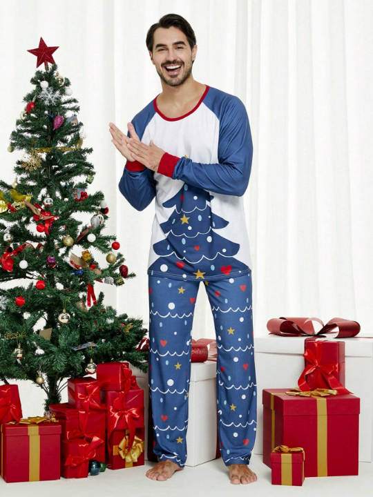 2 Piece Men's Christmas Home Matching Pajamas Fun Christmas Tree Long Sleeve Long Pants Holiday Comfortable Lounge Wear Set