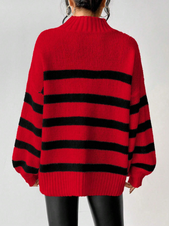 Essnce Striped Pattern Mock Neck Drop Shoulder Sweater