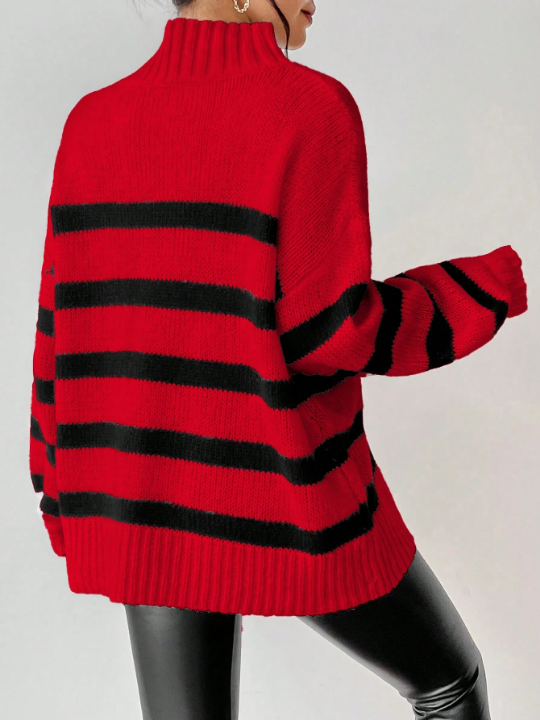 Essnce Striped Pattern Mock Neck Drop Shoulder Sweater