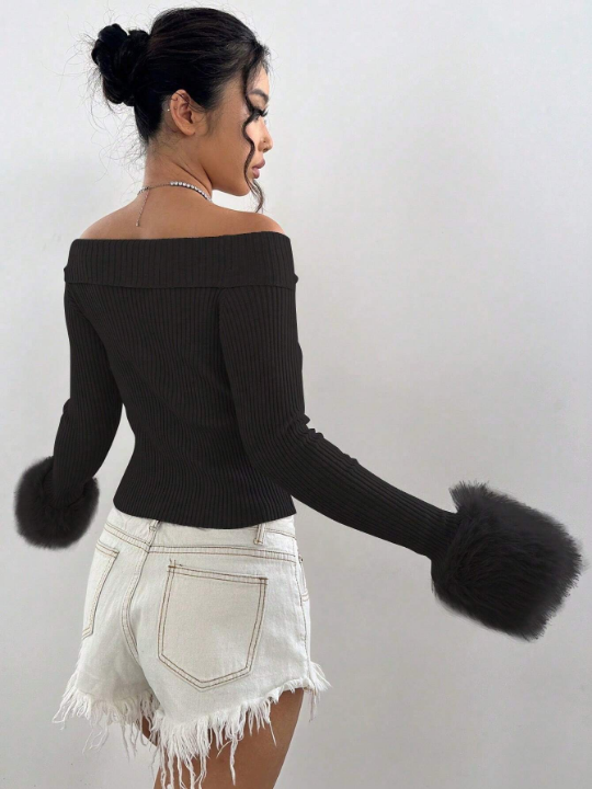 ICON Women's Off Shoulder Fluffy Cuff Sweater