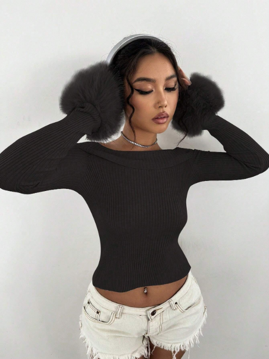 ICON Women's Off Shoulder Fluffy Cuff Sweater