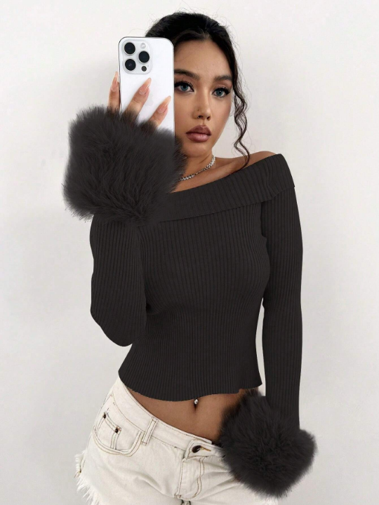 ICON Women's Off Shoulder Fluffy Cuff Sweater