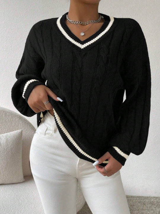 Essnce Lantern Sleeves Striped Cable Knit Sweater