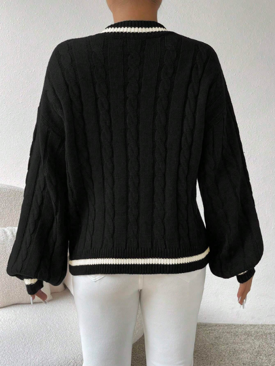 Essnce Lantern Sleeves Striped Cable Knit Sweater