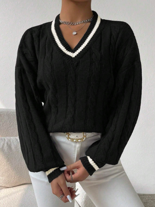 Essnce Lantern Sleeves Striped Cable Knit Sweater