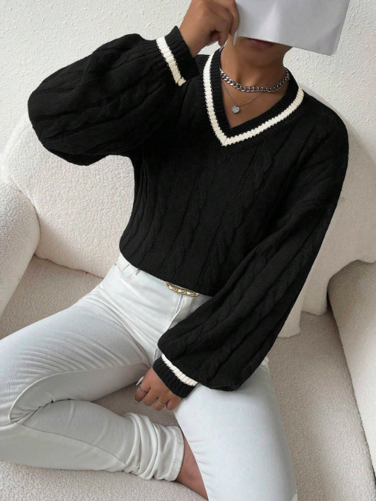 Essnce Lantern Sleeves Striped Cable Knit Sweater