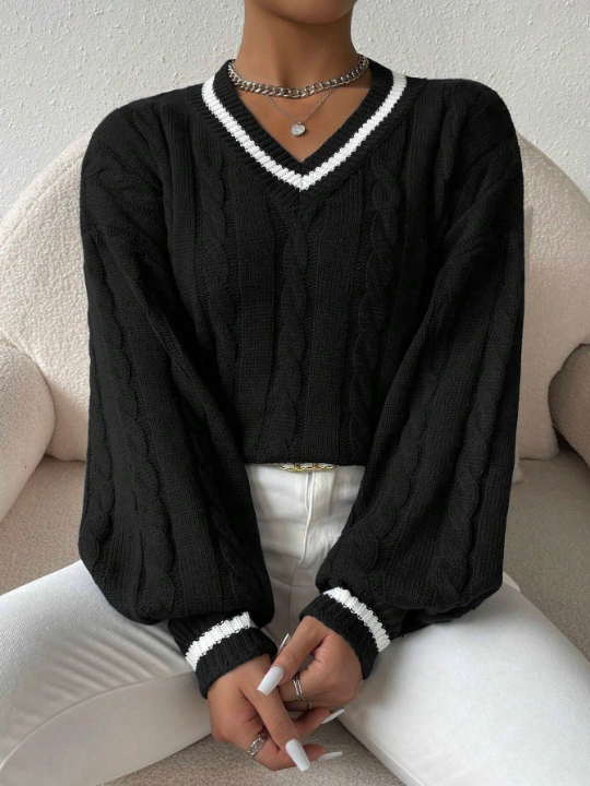 Essnce Lantern Sleeves Striped Cable Knit Sweater