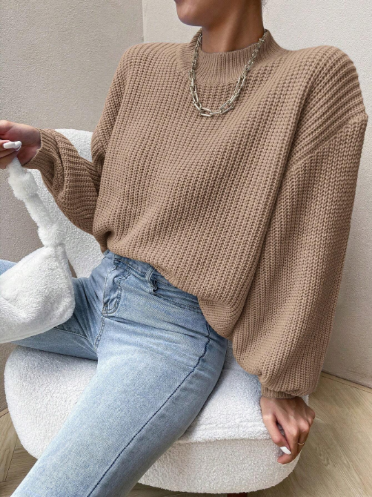 Essnce Knitted Sweater With Half High Collar And Drop Shoulder Design