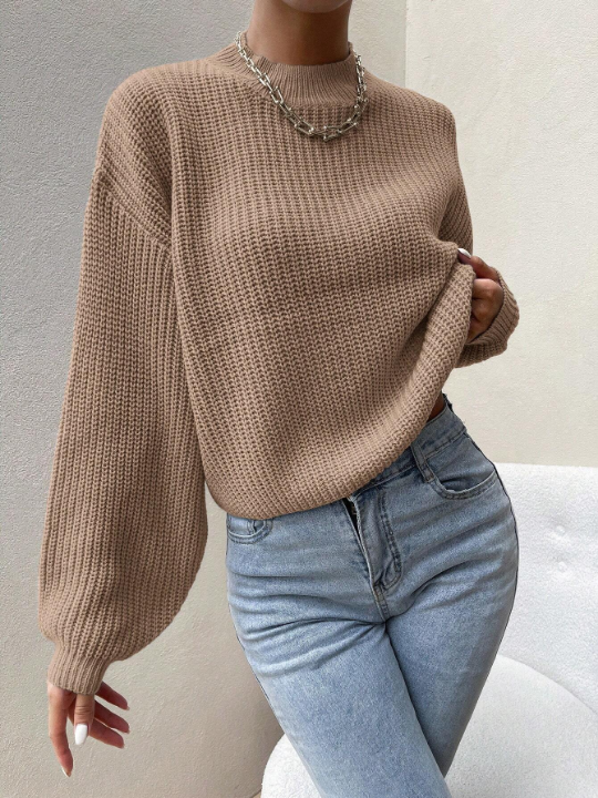 Essnce Knitted Sweater With Half High Collar And Drop Shoulder Design