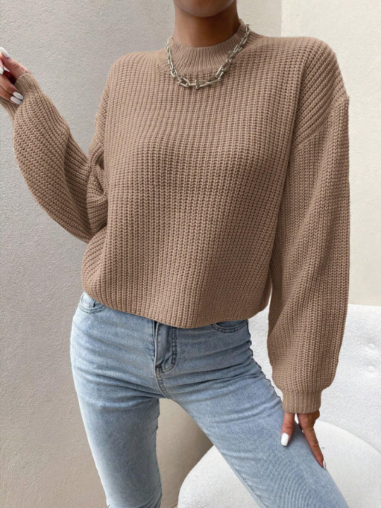 Essnce Knitted Sweater With Half High Collar And Drop Shoulder Design