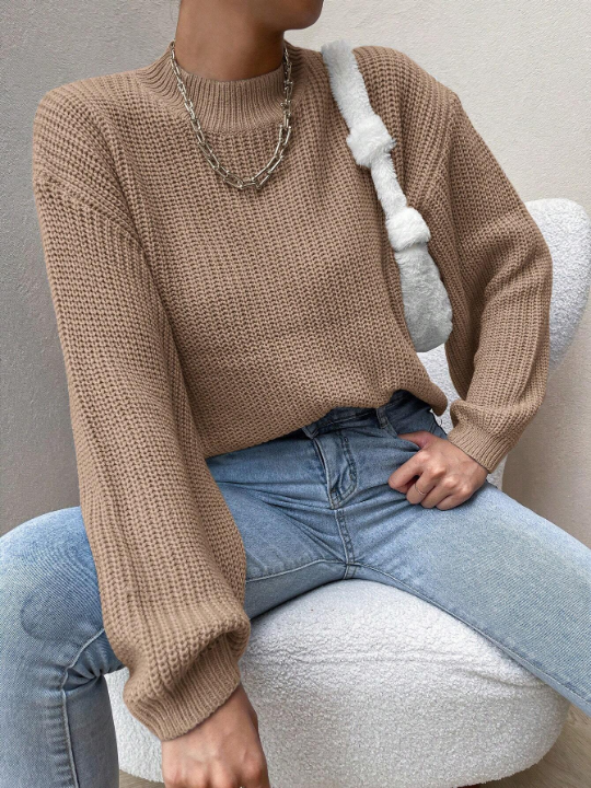 Essnce Knitted Sweater With Half High Collar And Drop Shoulder Design