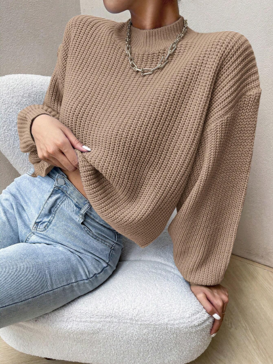 Essnce Knitted Sweater With Half High Collar And Drop Shoulder Design