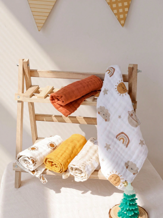 5pcs/set Bamboo Muslin Square Towels, 4 -layer Soft Face Towel, Cute Print Burp Cloth