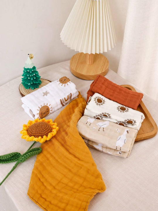 5pcs/set Bamboo Muslin Square Towels, 4 -layer Soft Face Towel, Cute Print Burp Cloth