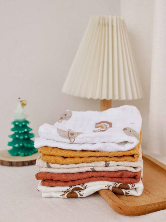 5pcs/set Bamboo Muslin Square Towels, 4 -layer Soft Face Towel, Cute Print Burp Cloth