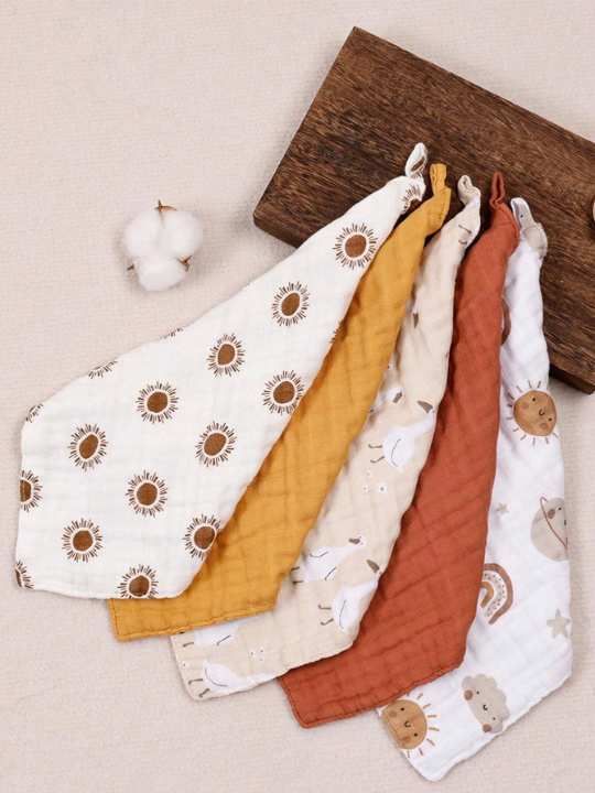 5pcs/set Bamboo Muslin Square Towels, 4 -layer Soft Face Towel, Cute Print Burp Cloth