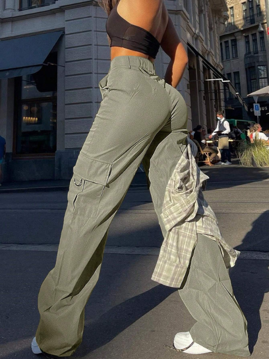 Solid Color Cargo Pants With Side Pockets