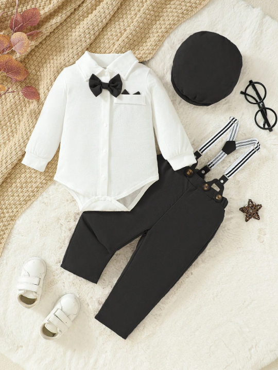 3pcs/set Baby Boys' Vintage Style Academy Gentleman Turn-down Collar Bowtie Shirt Suspender Pants With Beret, Suitable For Outdoor Activities