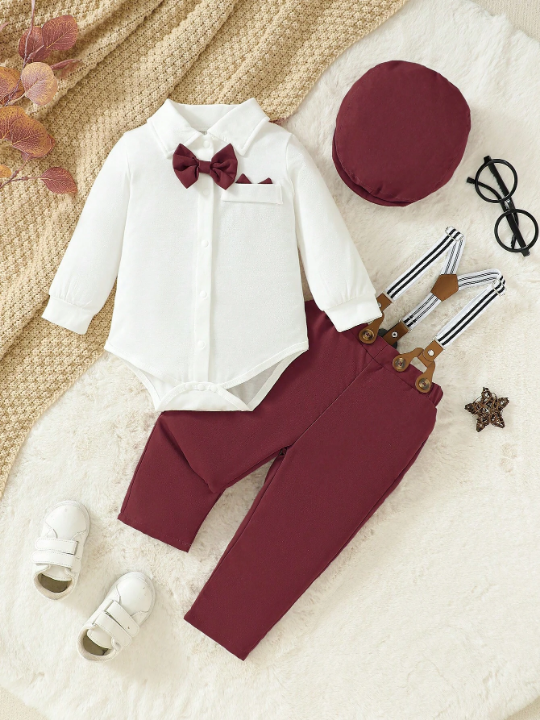 3pcs/Set Baby Boys' Elegant Retro College Style Bow Tie Collar Bodysuit And Suspenders Pants, Including Beret Hat, Suitable .