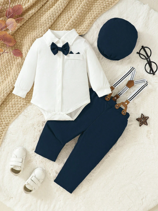 3pcs Baby Boys' Elegant And Vintage Style Gentleman Bow Tie Collar Bodysuit With Suspenders And Cap, Suitable