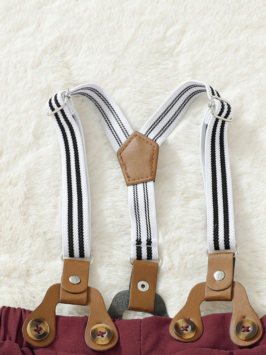 3pcs/Set Baby Boys' Elegant Retro College Style Bow Tie Collar Bodysuit And Suspenders Pants, Including Beret Hat, Suitable .