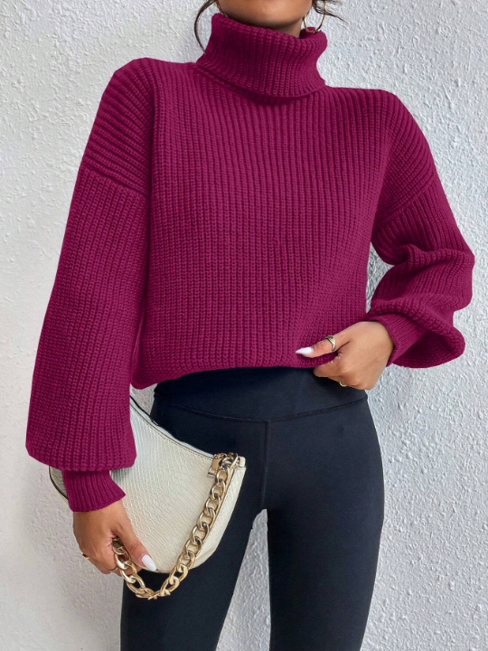 Frenchy Solid Color Loose Fit Turtleneck Sweater With Drop Shoulder