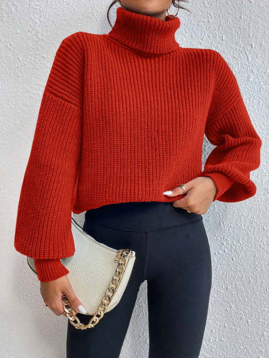 Frenchy Turtleneck Solid Color Drop Shoulder Sweater