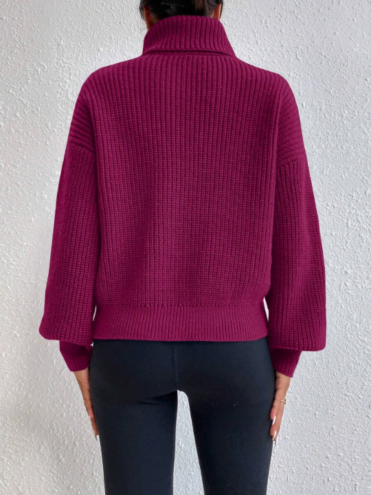 Frenchy Solid Color Loose Fit Turtleneck Sweater With Drop Shoulder