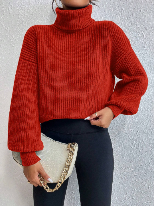 Frenchy Turtleneck Solid Color Drop Shoulder Sweater