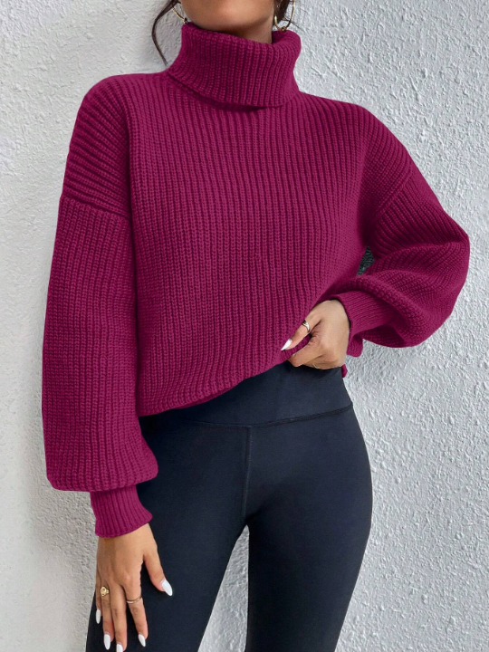 Frenchy Solid Color Loose Fit Turtleneck Sweater With Drop Shoulder