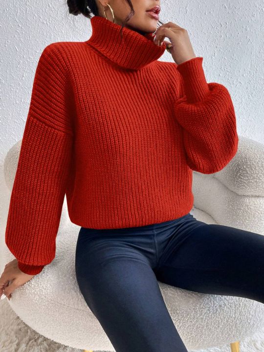 Frenchy Turtleneck Solid Color Drop Shoulder Sweater