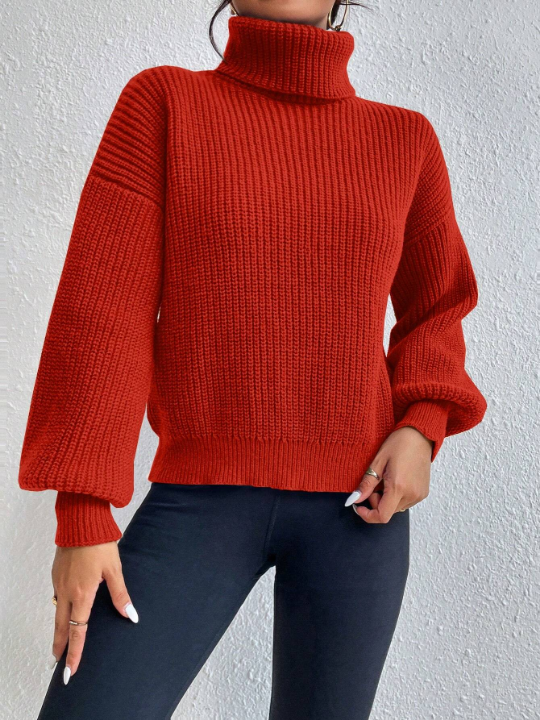 Frenchy Turtleneck Solid Color Drop Shoulder Sweater