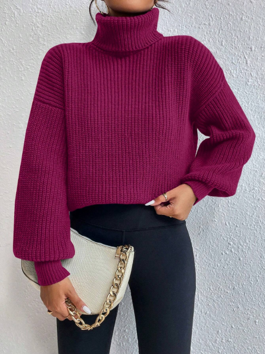 Frenchy Solid Color Loose Fit Turtleneck Sweater With Drop Shoulder