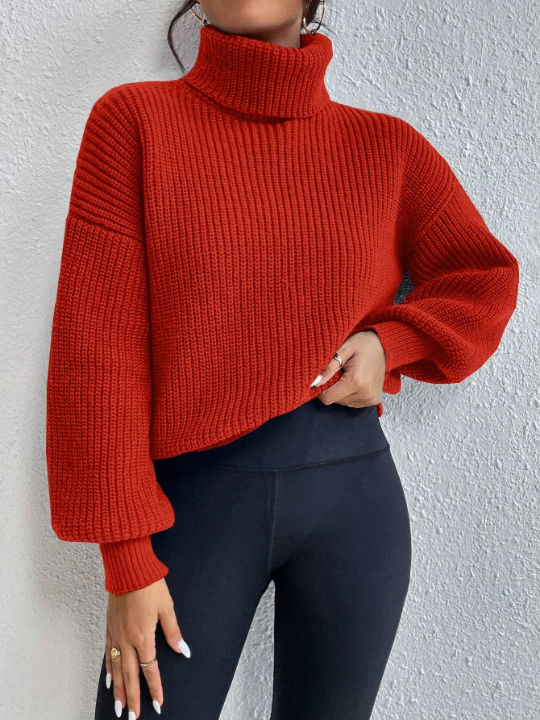 Frenchy Turtleneck Solid Color Drop Shoulder Sweater