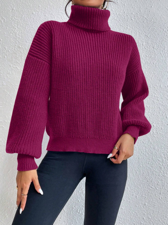 Frenchy Solid Color Loose Fit Turtleneck Sweater With Drop Shoulder