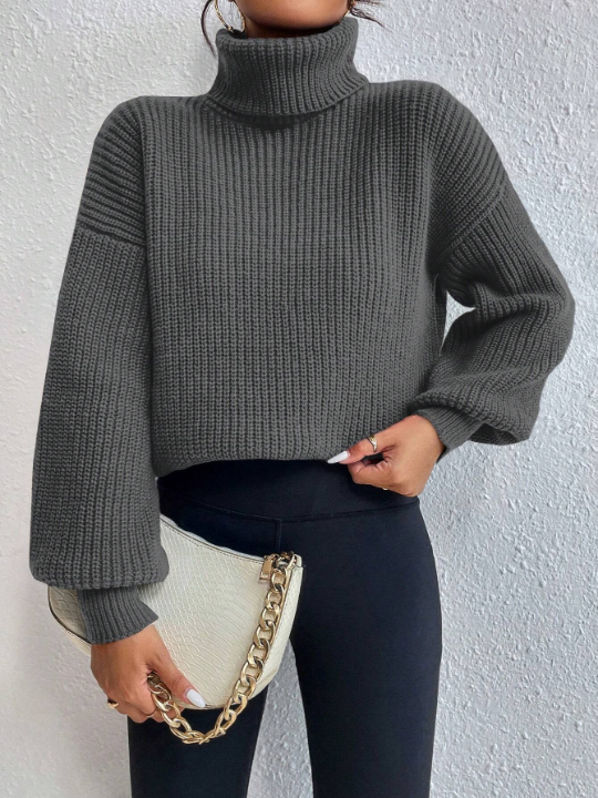 Frenchy Turtleneck Solid Color Drop Shoulder Loose Fit Sweater