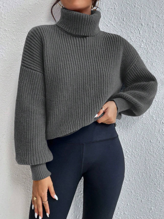 Frenchy Turtleneck Solid Color Drop Shoulder Loose Fit Sweater