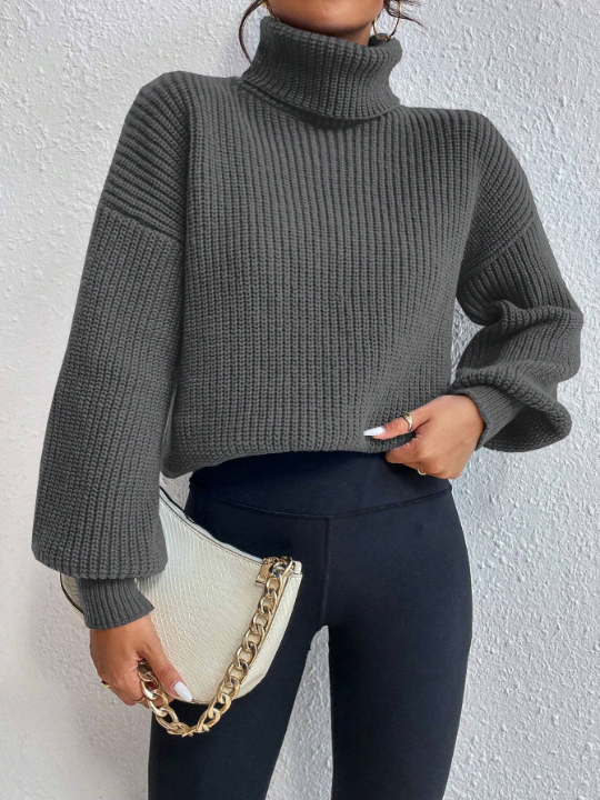 Frenchy Turtleneck Solid Color Drop Shoulder Loose Fit Sweater