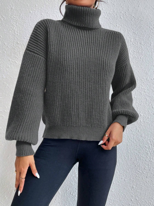 Frenchy Turtleneck Solid Color Drop Shoulder Loose Fit Sweater