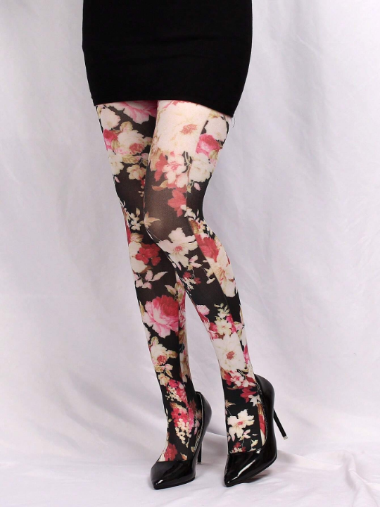 1pair Women's 60d Printed Tights With Large Floral Pattern, Pantyhose