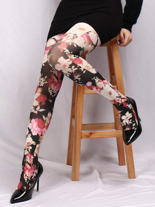 1pair Women's 60d Printed Tights With Large Floral Pattern, Pantyhose