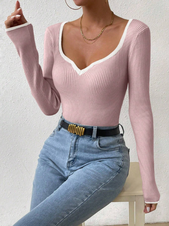 Essnce Contrast Binding Sweetheart Neck Sweater