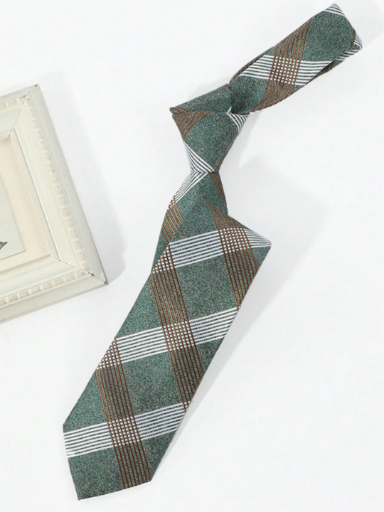 1pc Men's Casual Green Plaid & Stripe Pattern Necktie For Business, Party, Daily Wear