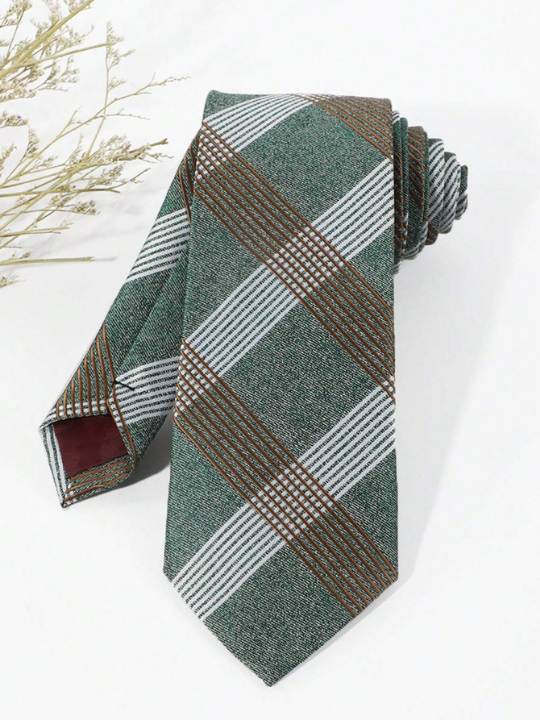 1pc Men's Casual Green Plaid & Stripe Pattern Necktie For Business, Party, Daily Wear