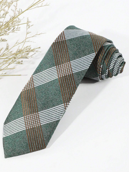 1pc Men's Casual Green Plaid & Stripe Pattern Necktie For Business, Party, Daily Wear
